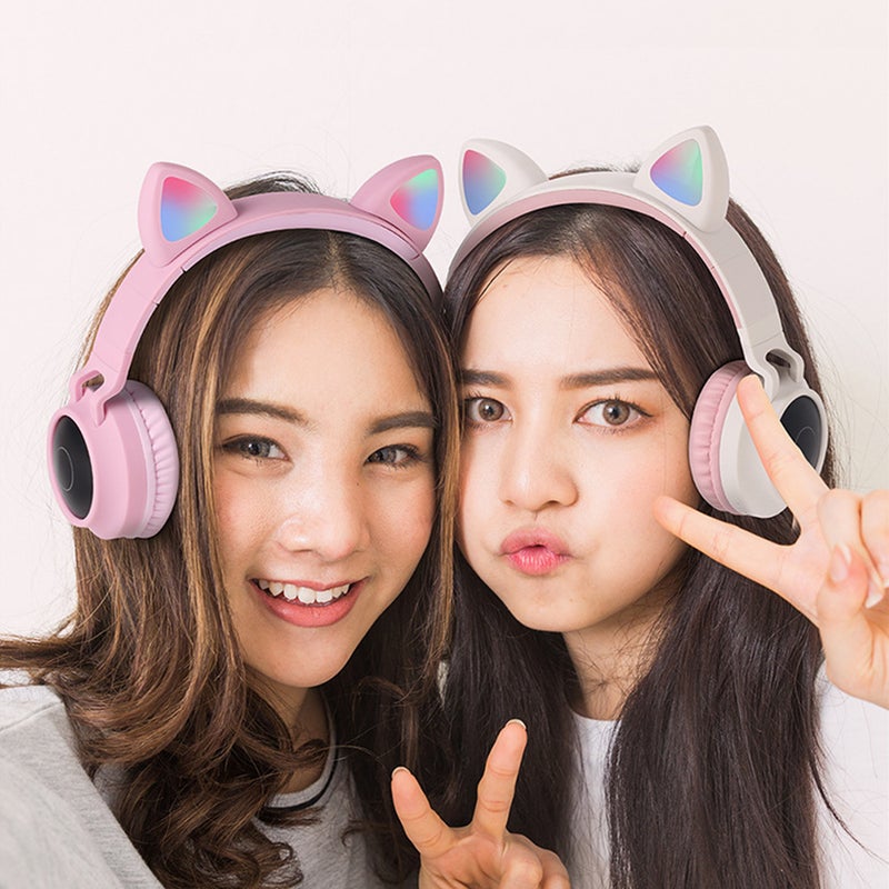 Faddish Student Cute Cat's BT Wireless On-Ear Headphones Gray-Pink - Image 3
