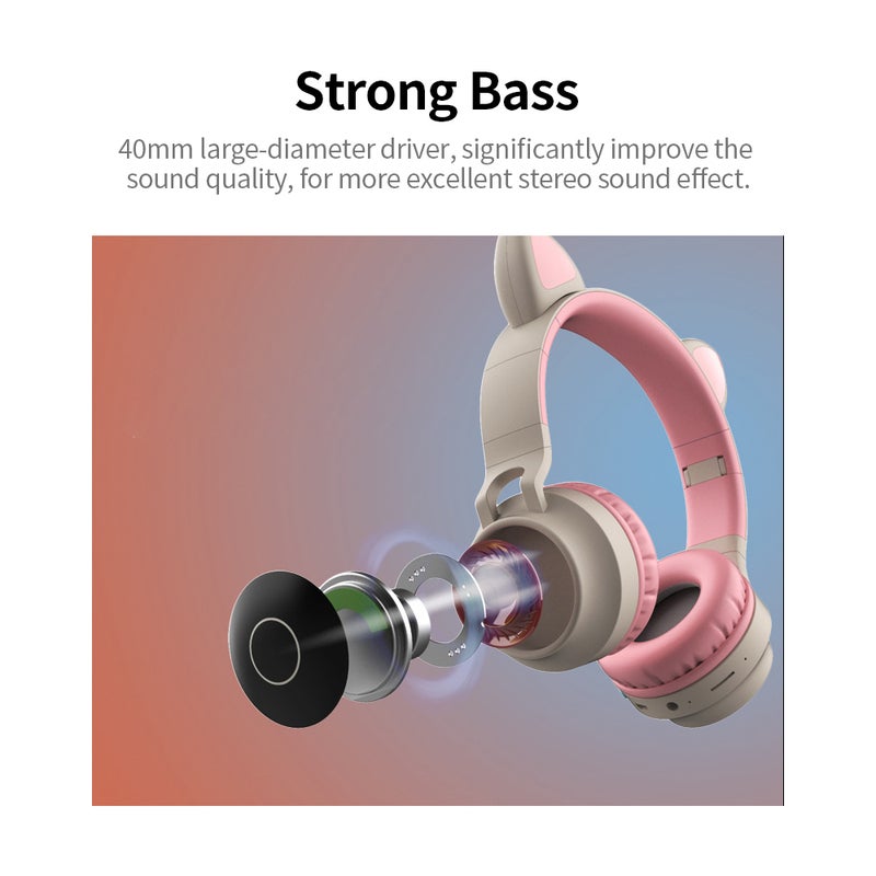 Generic LED Cat Ear Noise Cancelling Bluetooth Wired Headphones Pink  - Image 3