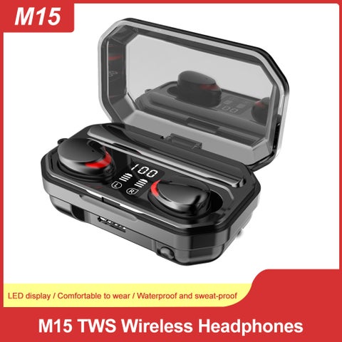 M15 TWS Wireless Headphones Bluetooth 5.0 Power Bank Flashlight Black