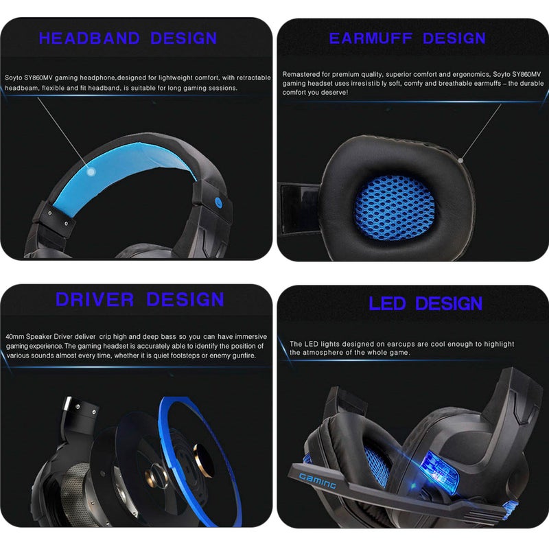 SY860MV Gaming Wired Over Ear Headphones Headset Earphone With Mic LED Light - Image 4