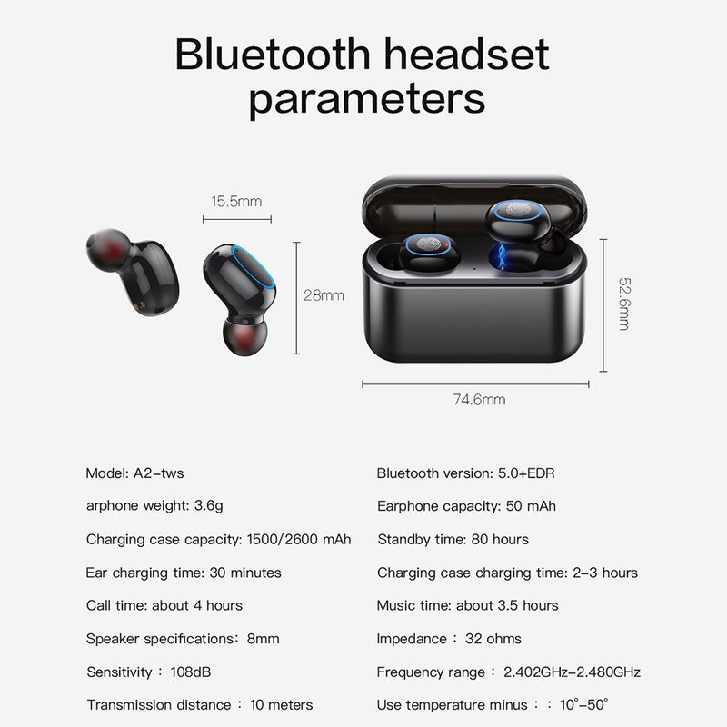 Generic - A2 TWS BT 5.0 Wireless In-Ear Headphones With 1500mAh Charging Case Black - Image 1