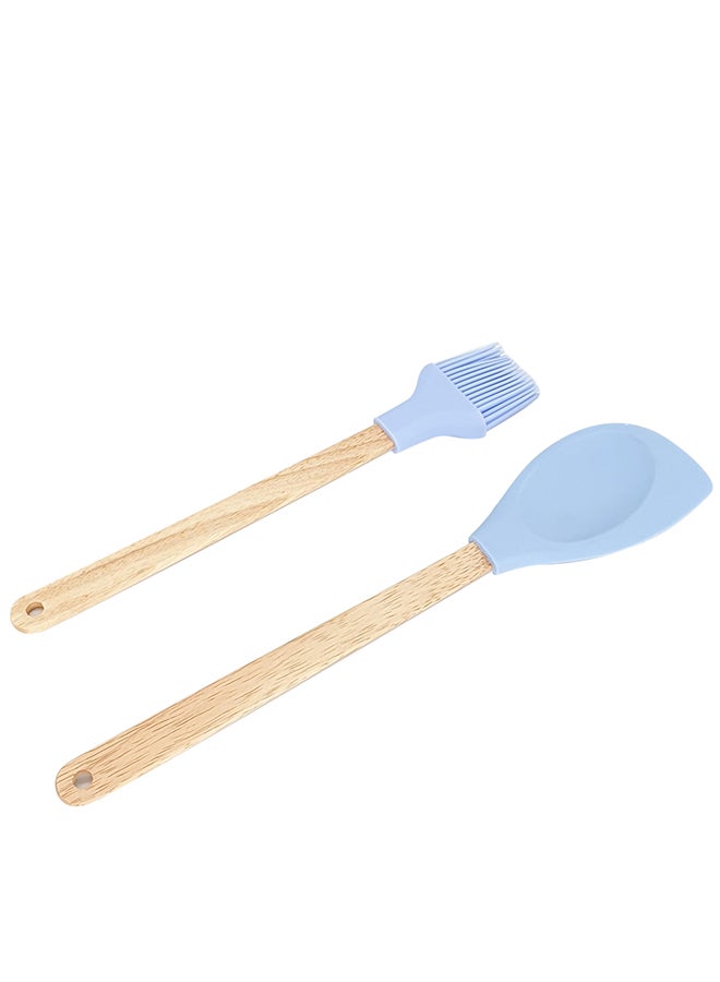 2-Piece Wooden Handle Silicone Spoon And Brush Blue 30cm 