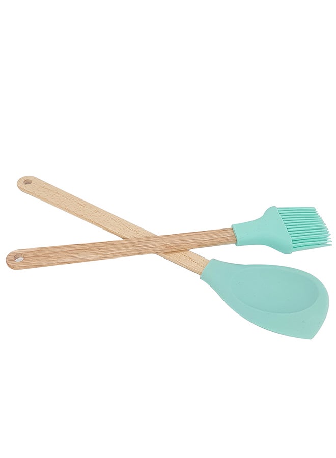 Generic 2-Piece Wooden Handle Silicone Spoon And Brush Green/Brown 30cm 