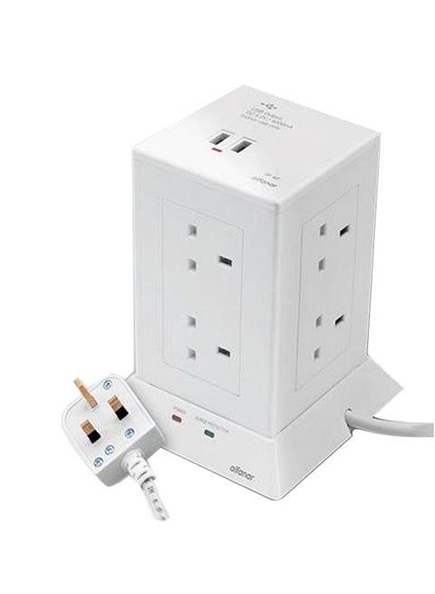 Cord Extension Tower 13A 8 Sockets 2 USB Ports White 3meter