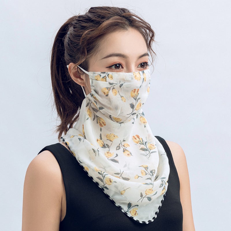 Women Summer Chiffon Face Shield Floral Print Sunscreen Dustproof Breathable Cycling Outdoors Multifucntional Neck Gaiter yellow&cream  - Image 3