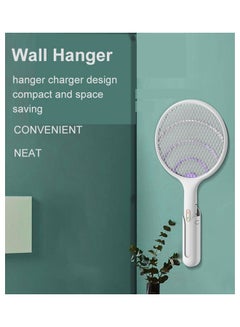 Electric Fly Swatter Rechargeable Bug Zapper Tennis Racket 3 Layer Mesh Handheld Bug Zapper For Indoor And Outdoor Pest Control (Hanger+Stander) White 46.0x28.0x3.0cm