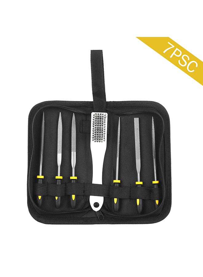 7-Piece File Set Includes 1 PCS Brush 1 PCS Square/Round/Half Round/Triangular File 2 PCS Flat Files with Bag Tool for Shaping Wood Plastic Leather Black 20.5x10.0x5.0cm