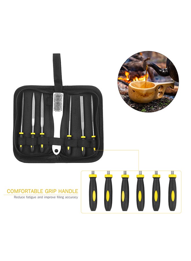 7-Piece File Set Includes 1 PCS Brush 1 PCS Square/Round/Half Round/Triangular File 2 PCS Flat Files with Bag Tool for Shaping Wood Plastic Leather Black 20.5x10.0x5.0cm