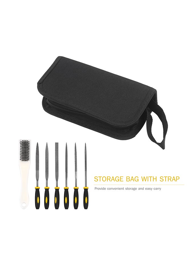 7-Piece File Set Includes 1 PCS Brush 1 PCS Square/Round/Half Round/Triangular File 2 PCS Flat Files with Bag Tool for Shaping Wood Plastic Leather Black 20.5x10.0x5.0cm