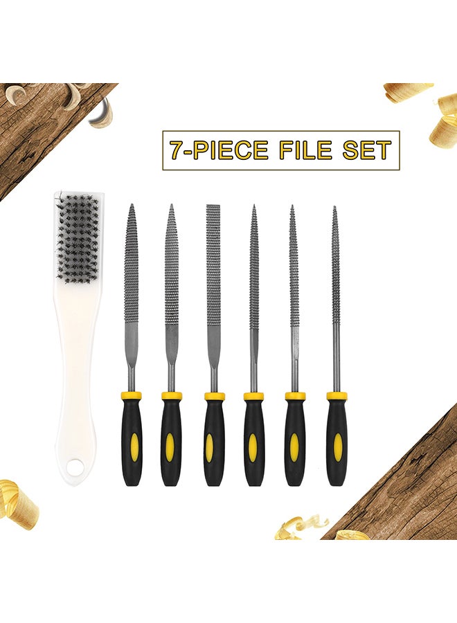 7-Piece File Set Includes 1 PCS Brush 1 PCS Square/Round/Half Round/Triangular File 2 PCS Flat Files with Bag Tool for Shaping Wood Plastic Leather Black 20.5x10.0x5.0cm