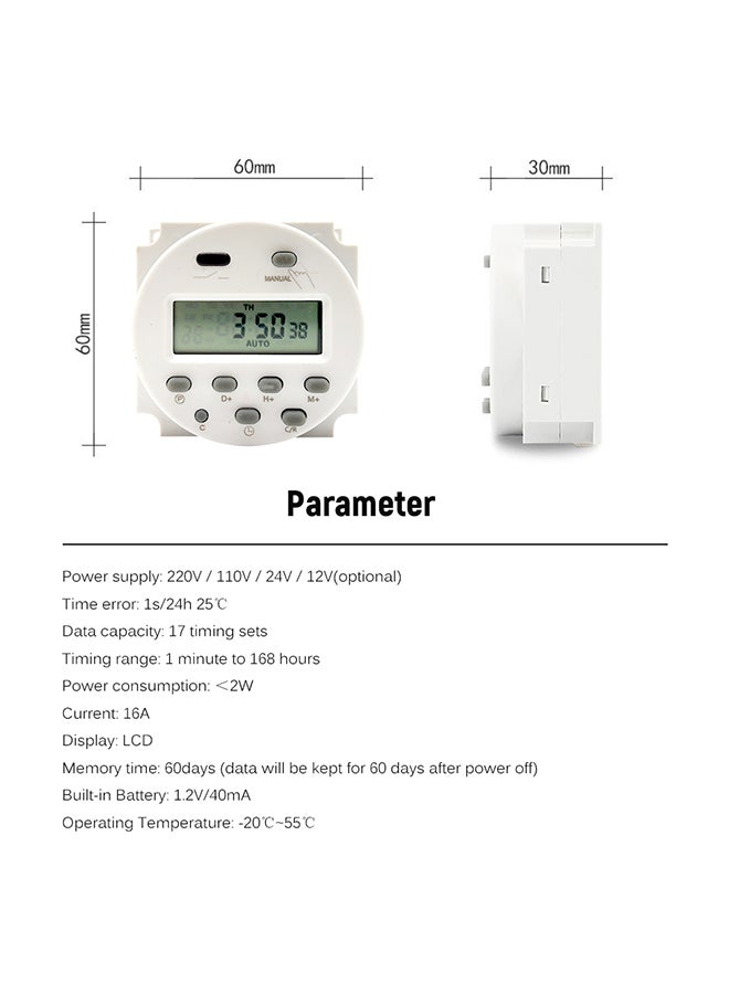 Generic - Digital Programmable Timer Switch Countdown Mini Time Control Switch Timer Controller Automatic Switch-ons and-offs 12V White 7.0x7.0x5.0cm - Image 1