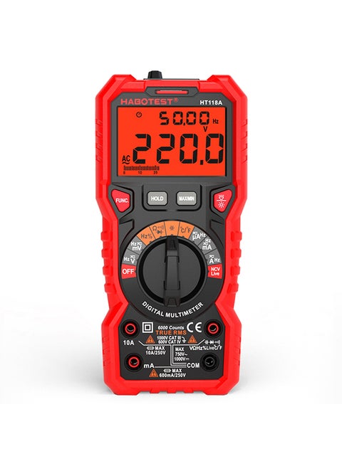 HABOTEST HT118A Digital Multimeter Auto Range Multi-meter 6000 Counts True RMS Measuring AC/DC Voltage Current Resistance Capacitance Frequency Temperature NCV Test Diode with LCD Backlight Flashlight Black & Red 20.5x13.0x6.0cm