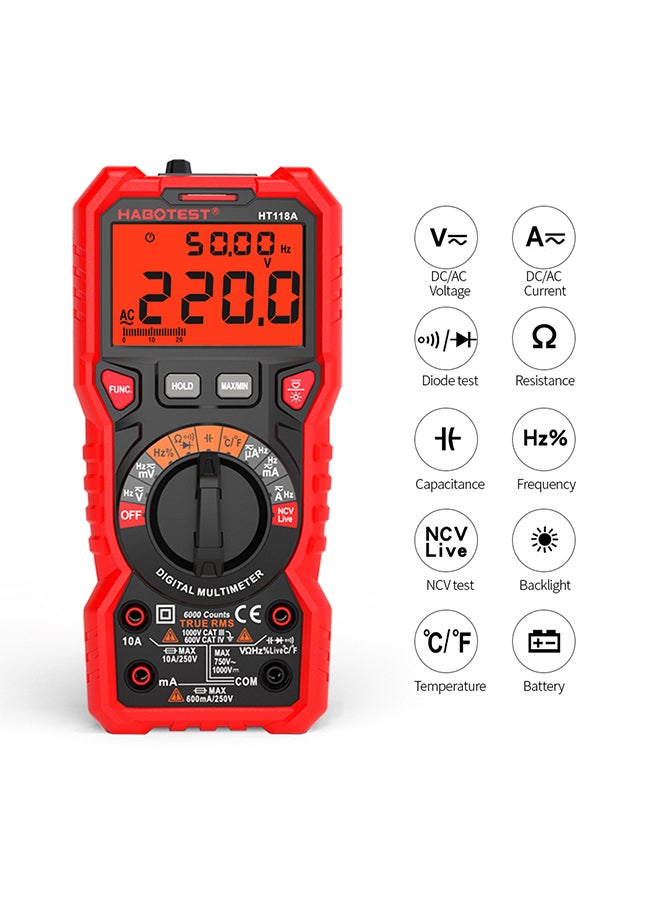 HABOTEST HT118A Digital Multimeter Auto Range Multi-meter 6000 Counts True RMS Measuring AC/DC Voltage Current Resistance Capacitance Frequency Temperature NCV Test Diode with LCD Backlight Flashlight Black & Red 20.5x13.0x6.0cm