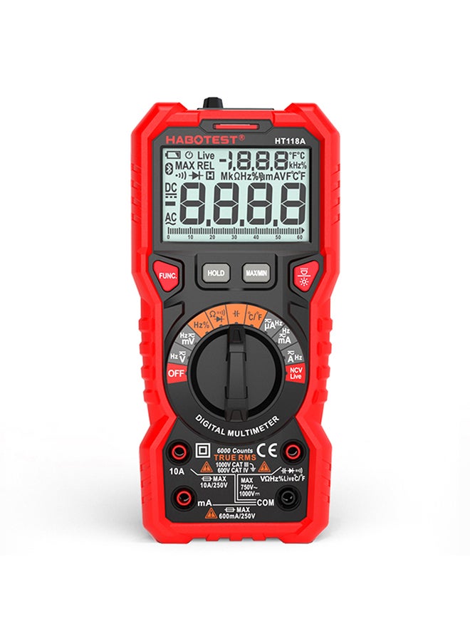 HABOTEST HT118A Digital Multimeter Auto Range Multi-meter 6000 Counts True RMS Measuring AC/DC Voltage Current Resistance Capacitance Frequency Temperature NCV Test Diode with LCD Backlight Flashlight Black & Red 20.5x13.0x6.0cm