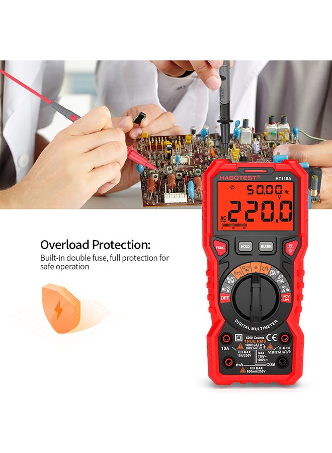 HABOTEST HT118A Digital Multimeter Auto Range Multi-meter 6000 Counts True RMS Measuring AC/DC Voltage Current Resistance Capacitance Frequency Temperature NCV Test Diode with LCD Backlight Flashlight Black & Red 20.5x13.0x6.0cm