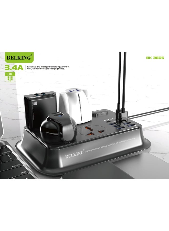 Belking - 6 Port USB Hub & 2 TAYP-C With Four anti-static Power Socket Black 656grams - Image 1