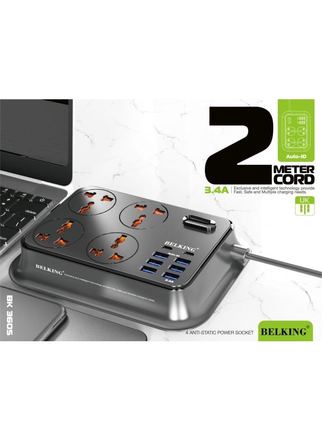 Belking - 6 Port USB Hub & 2 TAYP-C With Four anti-static Power Socket Black 656grams - Image 1