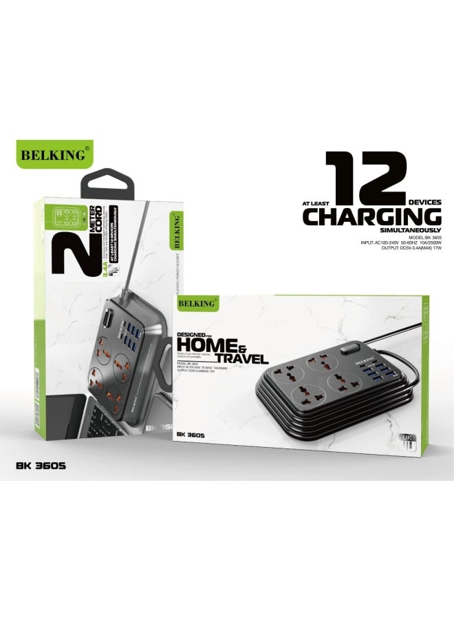 Belking - 6 Port USB Hub & 2 TAYP-C With Four anti-static Power Socket Black 656grams - Image 1