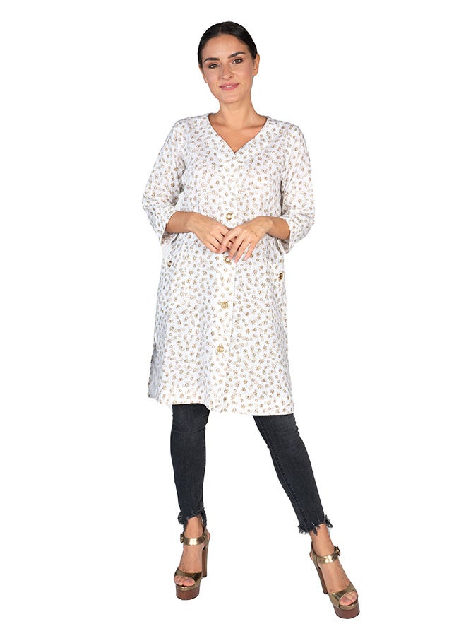 Sana'a Kayum Amber Print Pure Linen Short Kurta White/Grey  - Image 1
