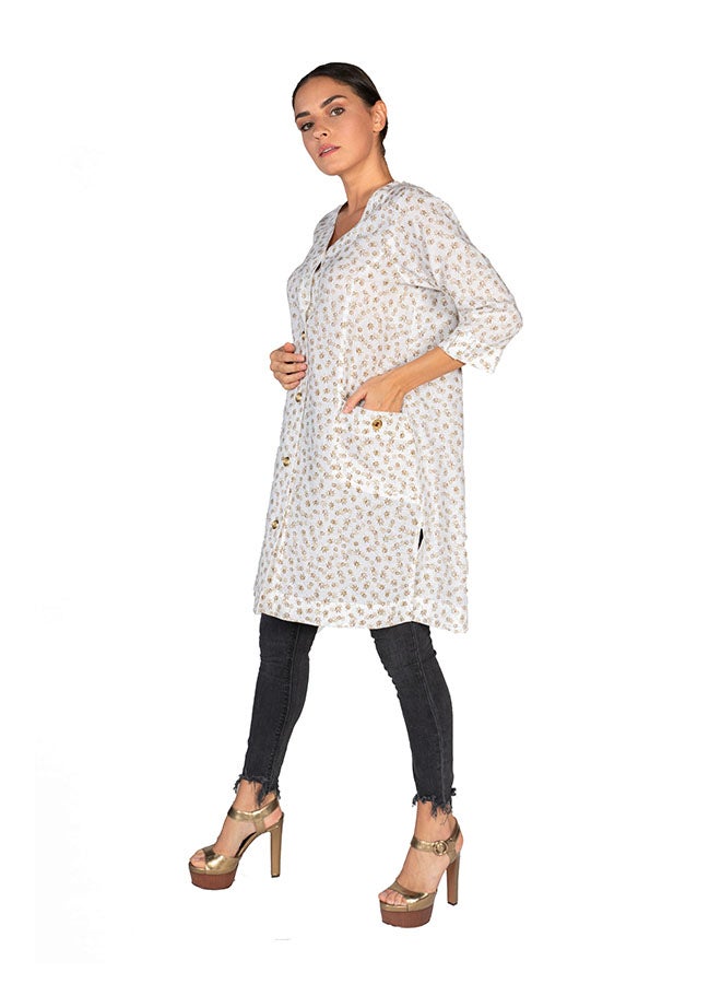 Sana'a Kayum Amber Print Pure Linen Short Kurta White/Grey  - Image 2