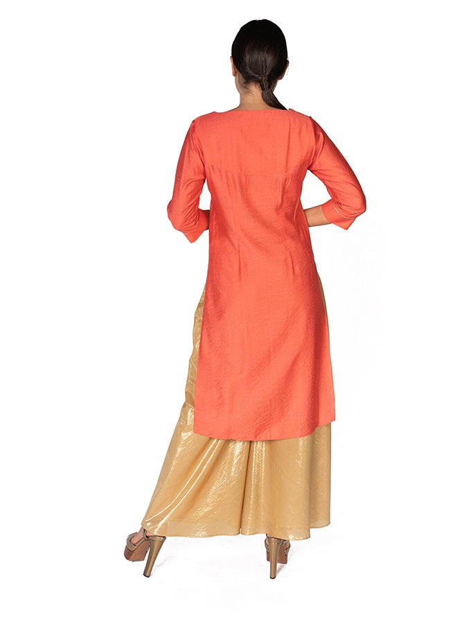 Sana'a Kayum Jacquard Cotton Staight Kurta Orange  - Image 3