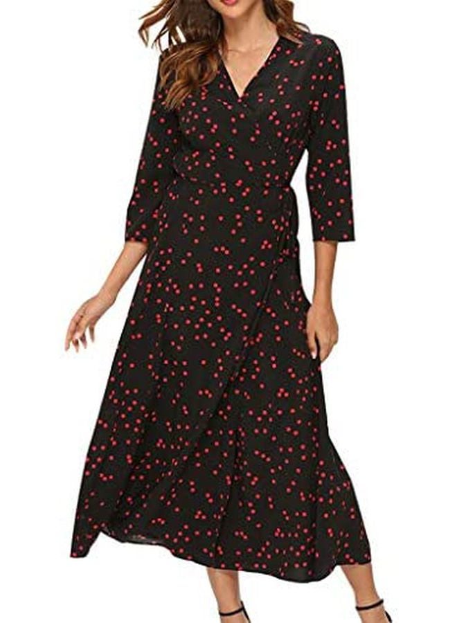 V Neck Dot Print Casual  Dress Black/Red - Image 1