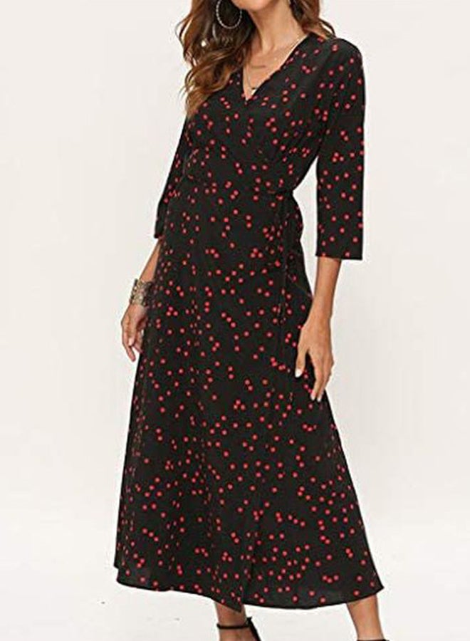 V Neck Dot Print Casual  Dress Black/Red - Image 2