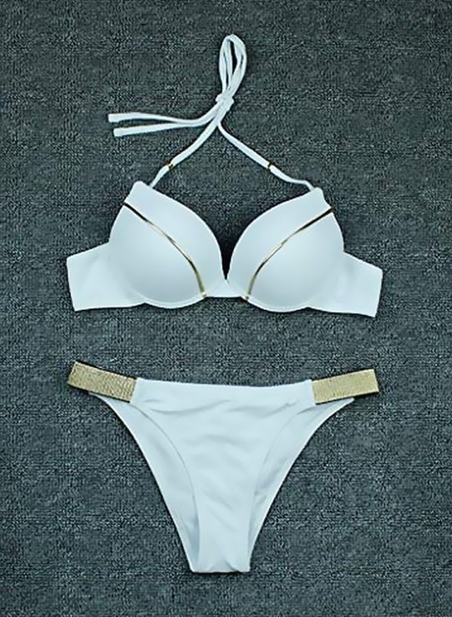 2-Piece Solid Lace Up Bikini Set White/Gold - Image 3