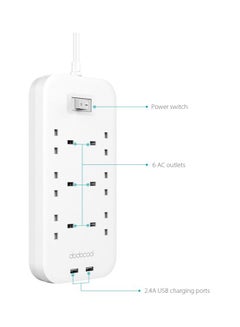 dodocool Smart 6 Way Power Strip With USB Charger White  - Image 2