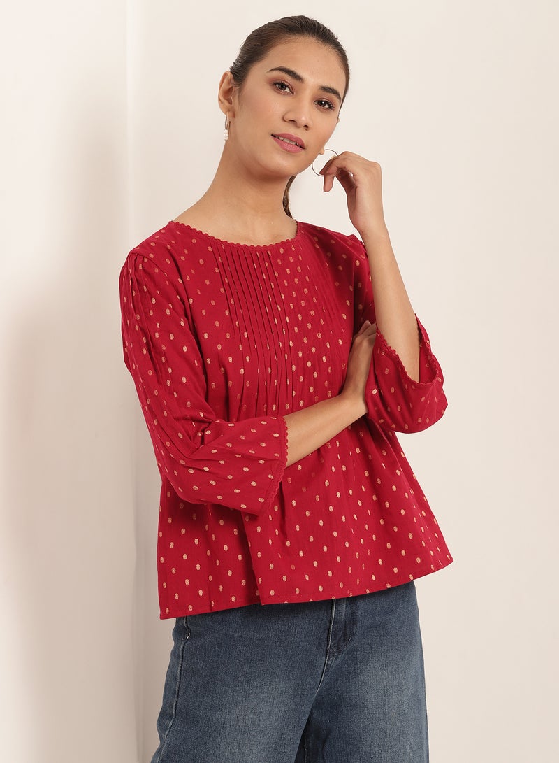 Aila Swiss Dot Print Three Quarter Sleeves Blouse Red  - Image 1