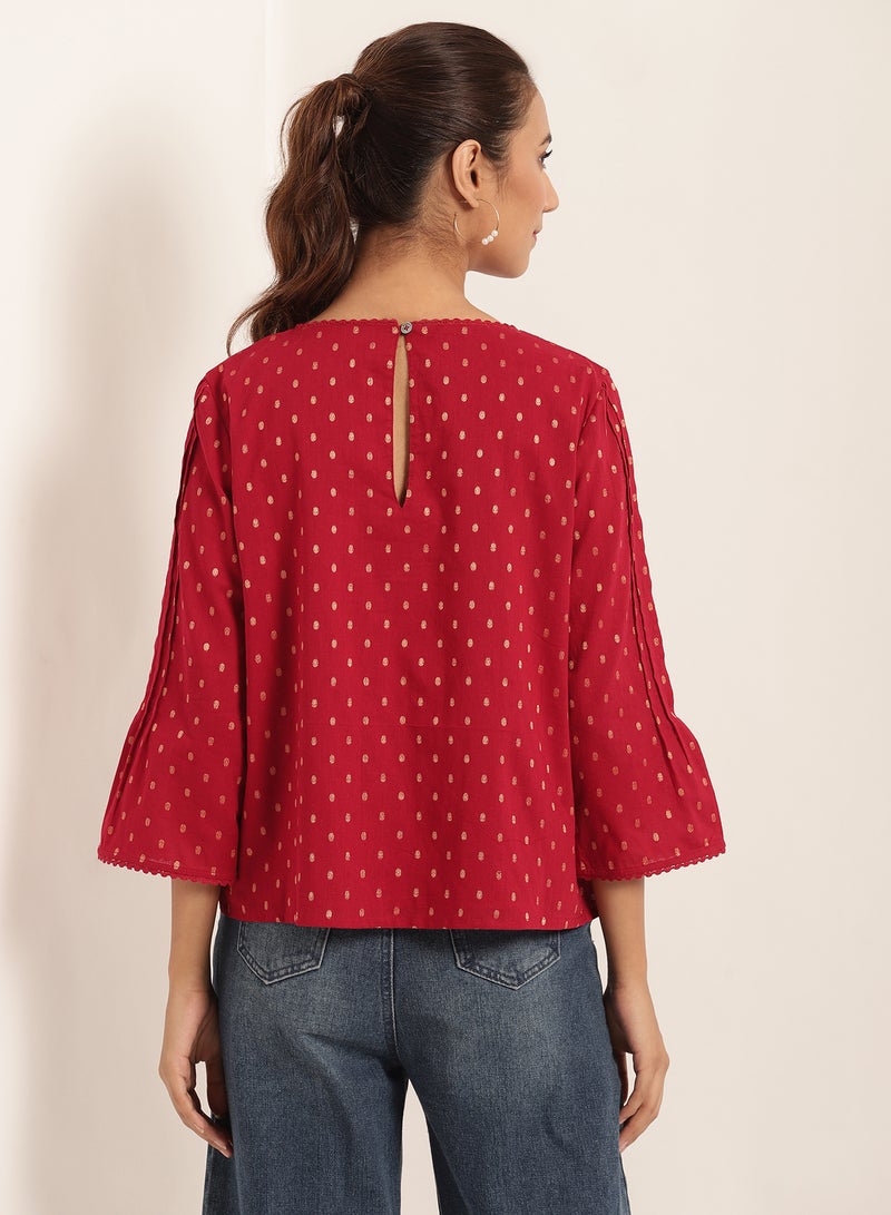 Aila Swiss Dot Print Three Quarter Sleeves Blouse Red  - Image 2