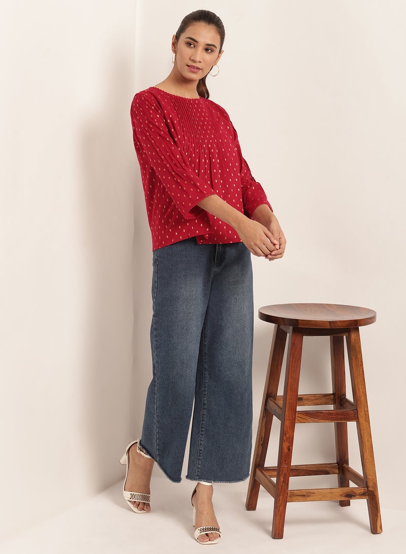 Aila Swiss Dot Print Three Quarter Sleeves Blouse Red  - Image 3