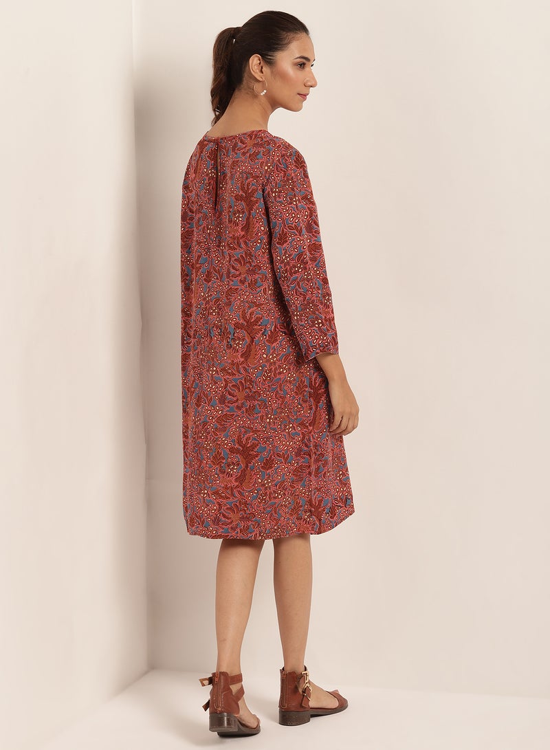 Aila - Floral Print Three Quarter Sleeves Dress Brown - Image 1