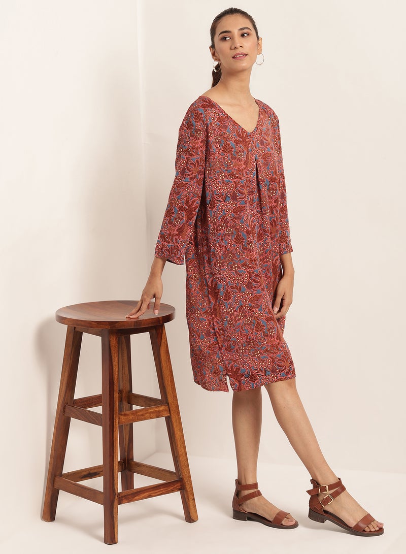 Aila - Floral Print Three Quarter Sleeves Dress Brown - Image 1