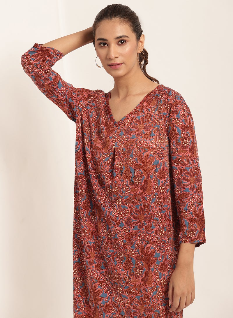 Aila - Floral Print Three Quarter Sleeves Dress Brown - Image 1