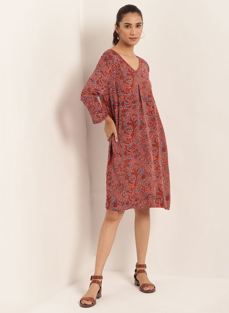 Aila - Floral Print Three Quarter Sleeves Dress Brown - Image 1