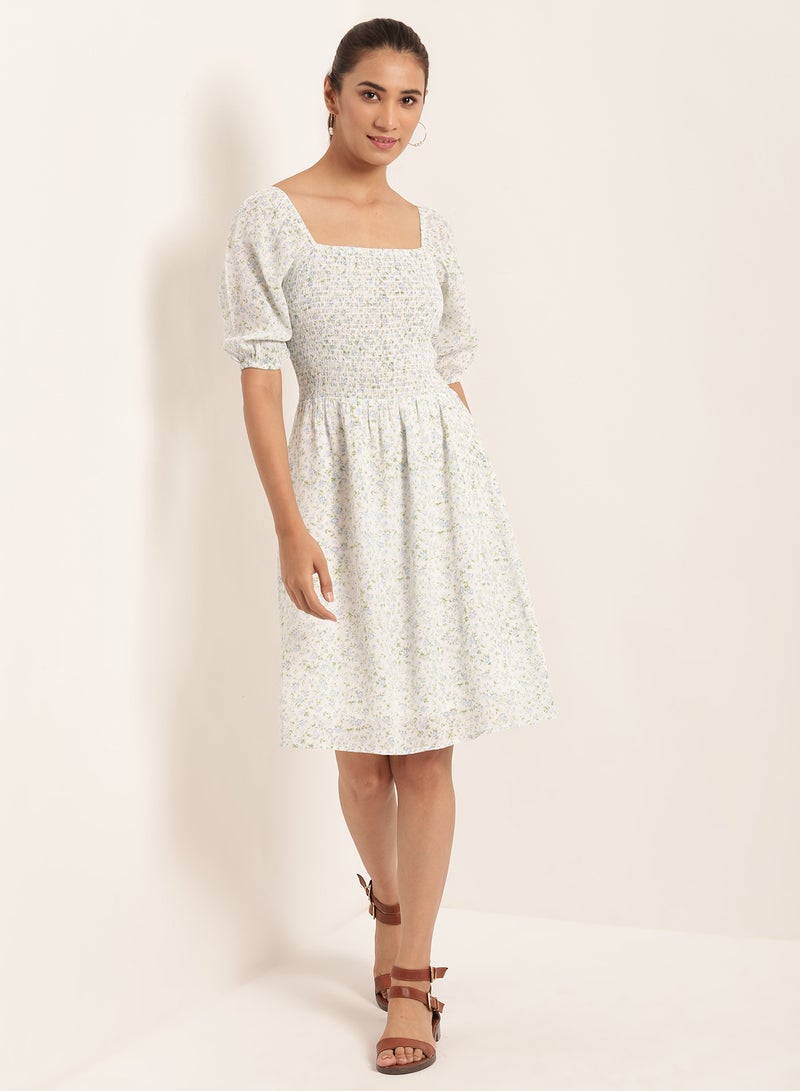Aila Floral Print Short Sleeves Dress White - Image 1