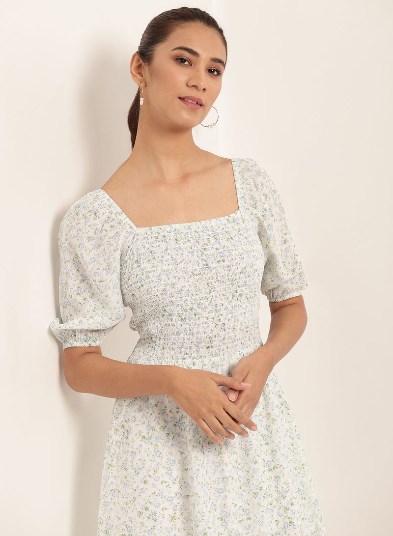 Aila Floral Print Short Sleeves Dress White - Image 4