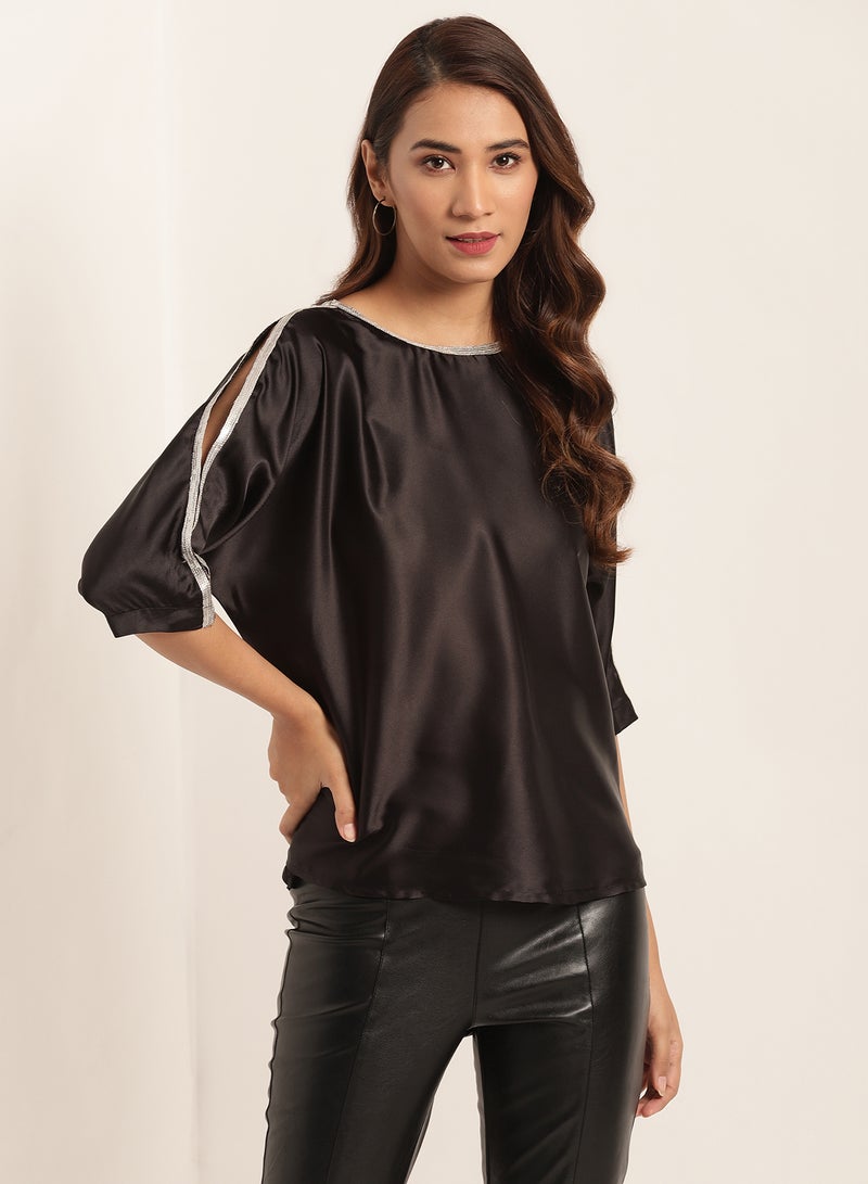 Aila Solid Design Three Quarter Sleeves Blouse Black - Image 1
