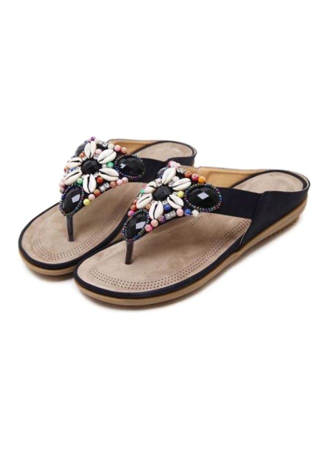 HUSK'SWARE - Stone Studded Slip-On Flat Sandals Beige/Black - Image 1