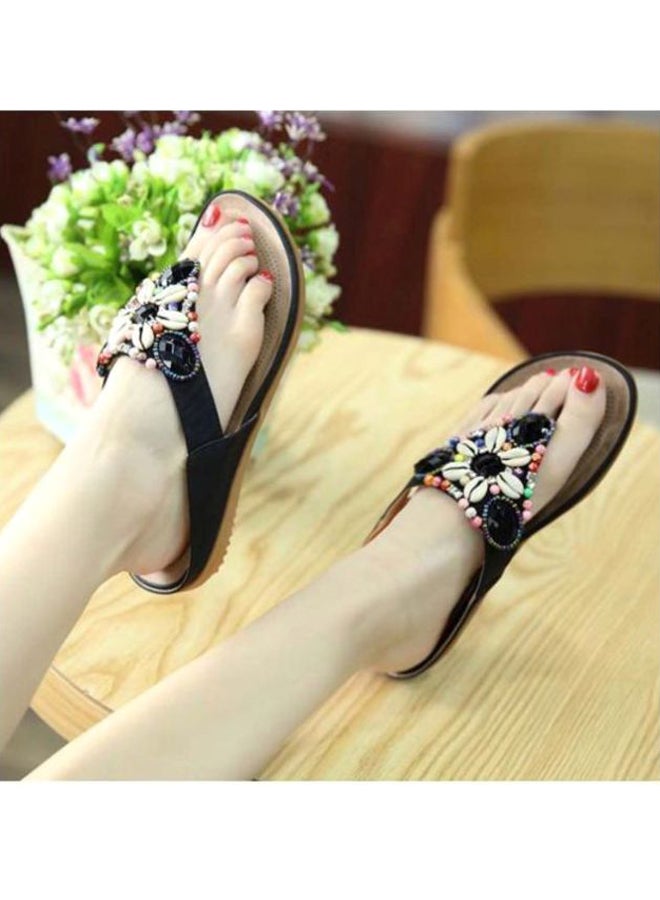 HUSK'SWARE - Stone Studded Slip-On Flat Sandals Beige/Black - Image 1