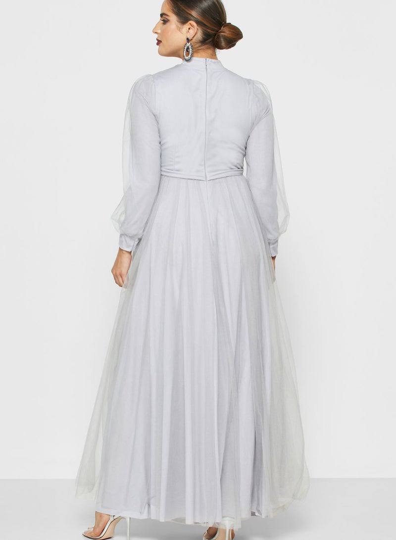 Khizana - Mesh Overlay Belted Maxi Dress Grey - Image 1