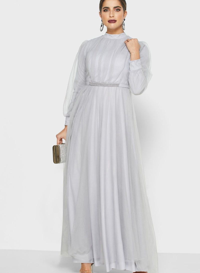 Khizana - Mesh Overlay Belted Maxi Dress Grey - Image 1