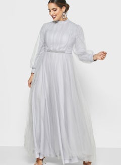 Mesh Overlay Belted Maxi Dress Grey
