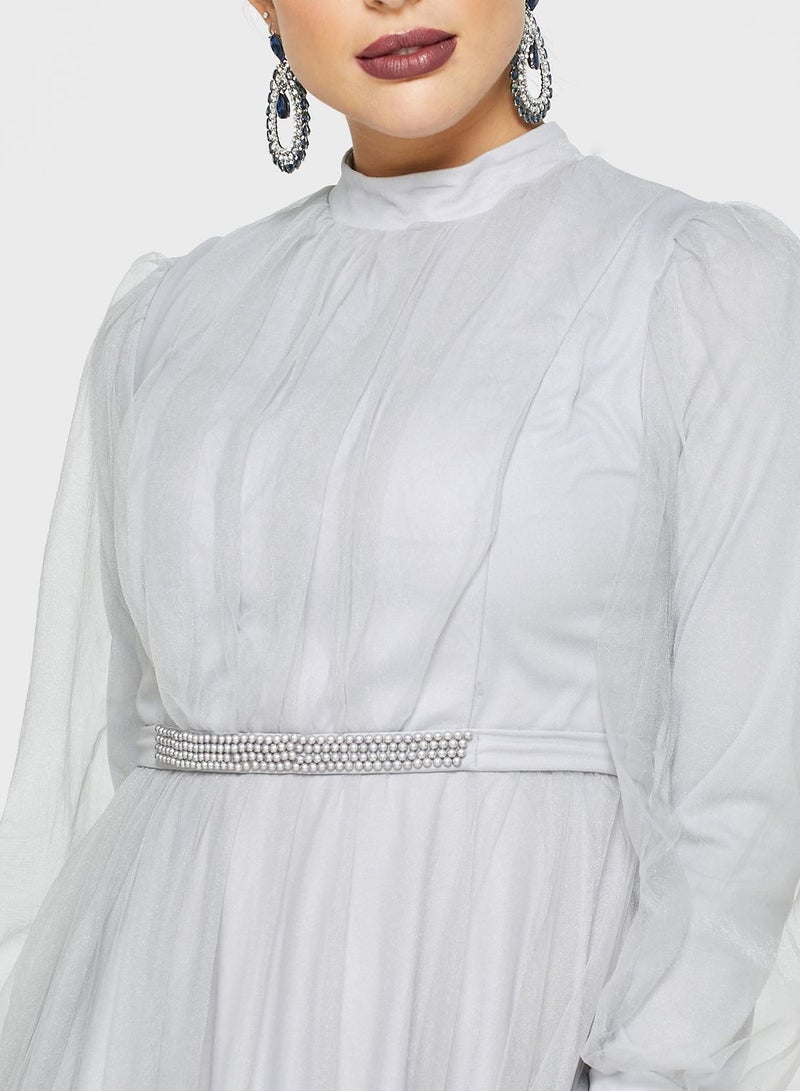 Khizana - Mesh Overlay Belted Maxi Dress Grey - Image 1