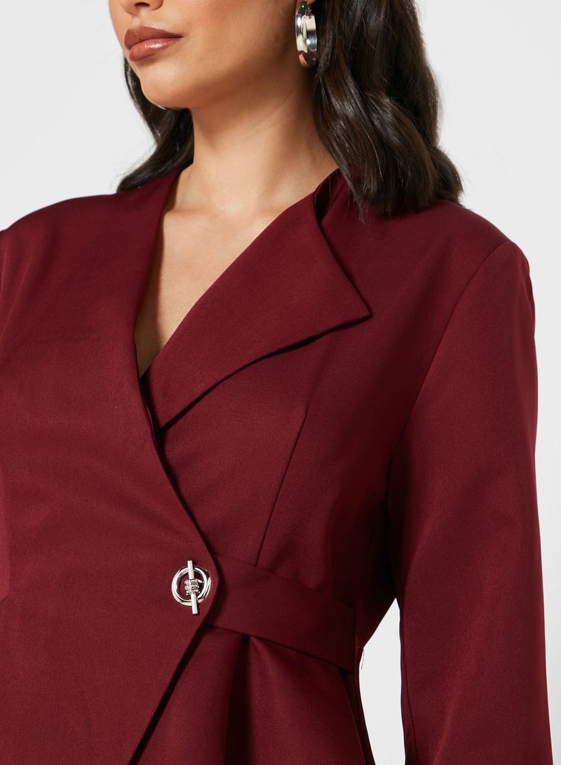 Khizana Wrap Front Peplum Midi Dress Burgundy - Image 3