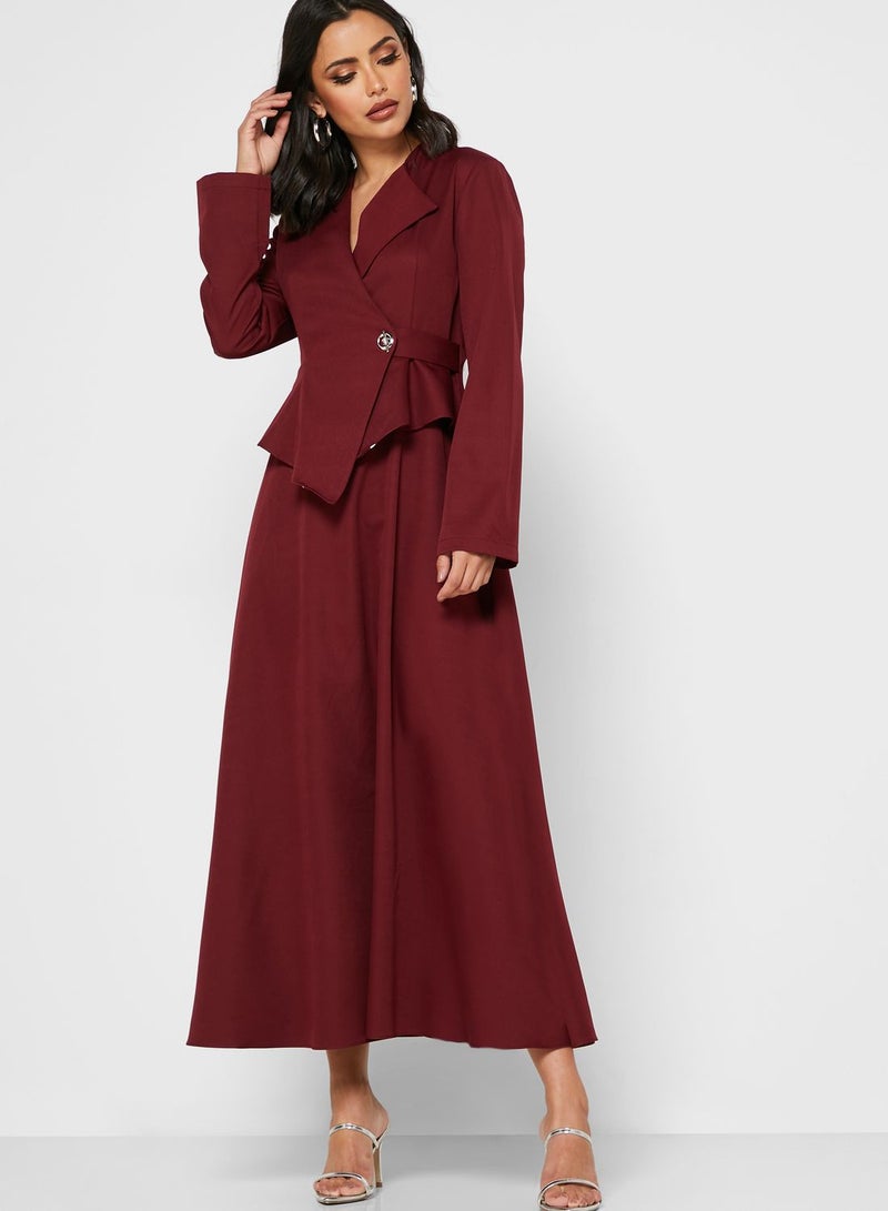 Khizana Wrap Front Peplum Midi Dress Burgundy - Image 1
