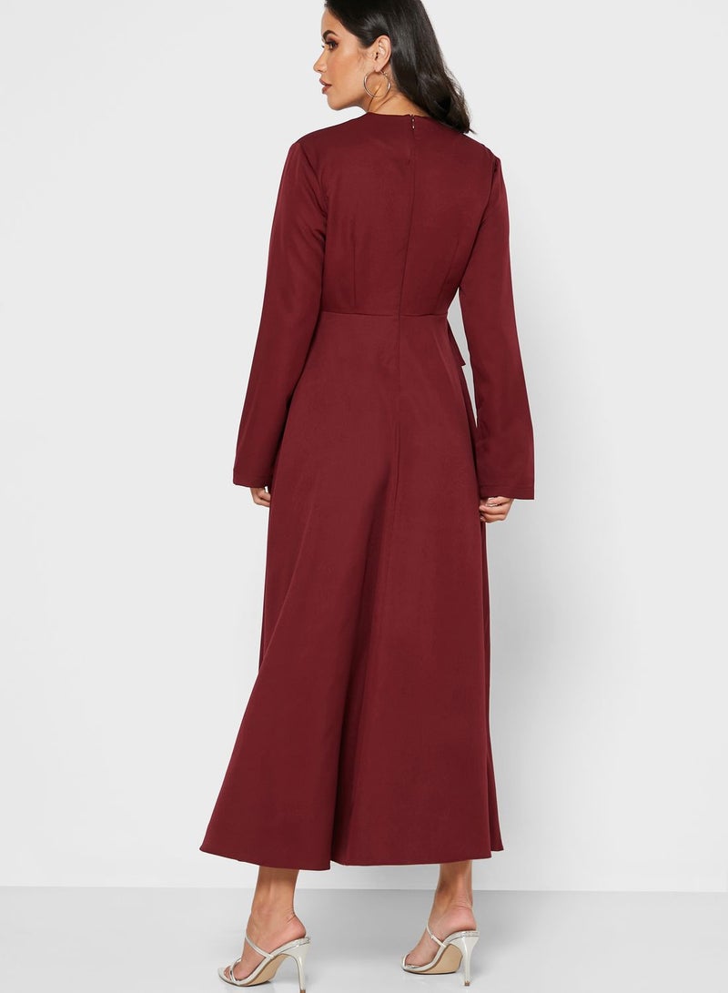 Khizana Wrap Front Peplum Midi Dress Burgundy - Image 2