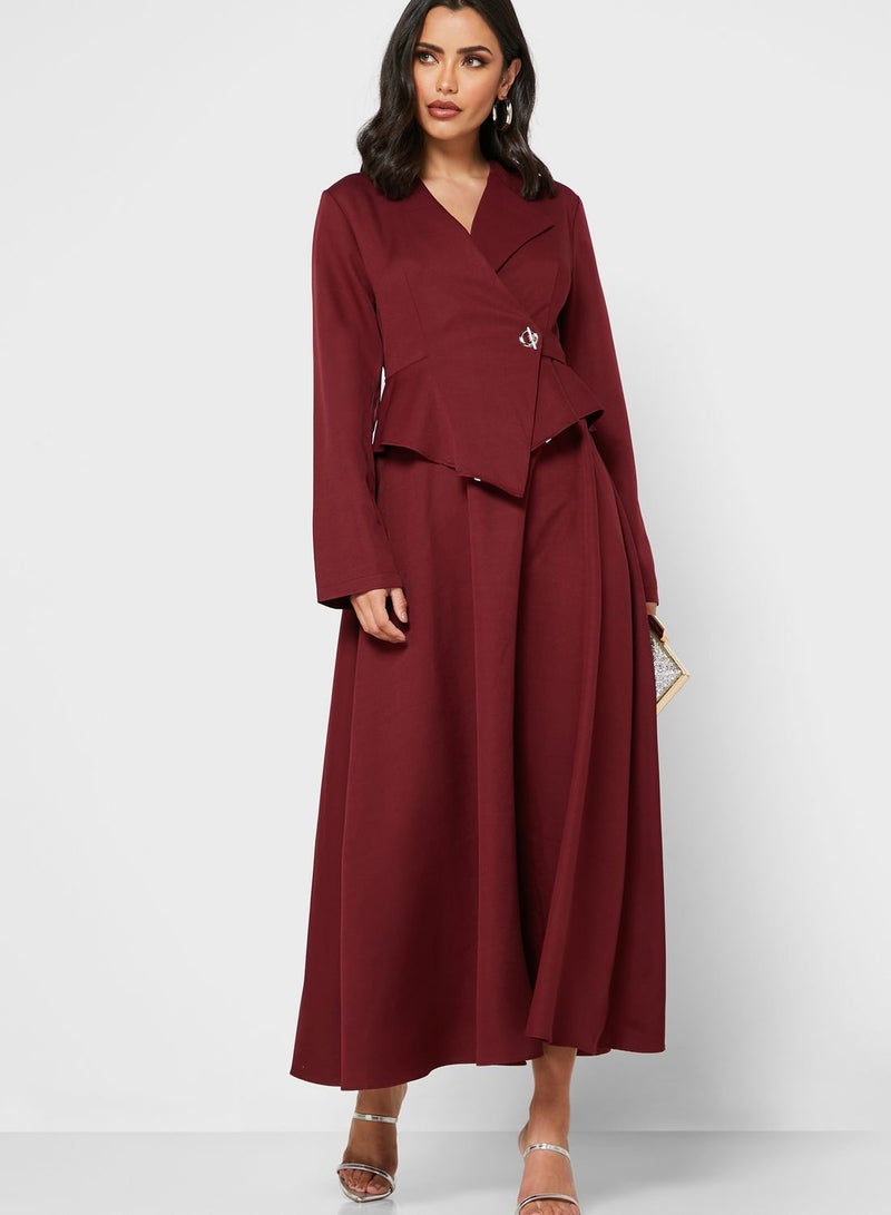Khizana Wrap Front Peplum Midi Dress Burgundy - Image 4