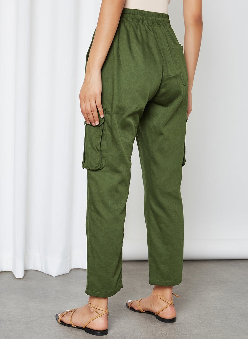 ANOTAH - Elasticated Waist Belt Relaxed Pants Green - Image 1